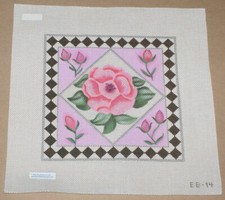BB Designs "Pink Roses w/ Black Checkered Border" Handpainted Needlepoint Canvas