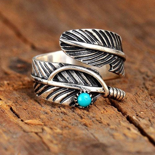 Feather Turquoise Ring Sterling Silver Thumb Boho Bohemian Adjustable Size Gifts - Picture 9 of 12