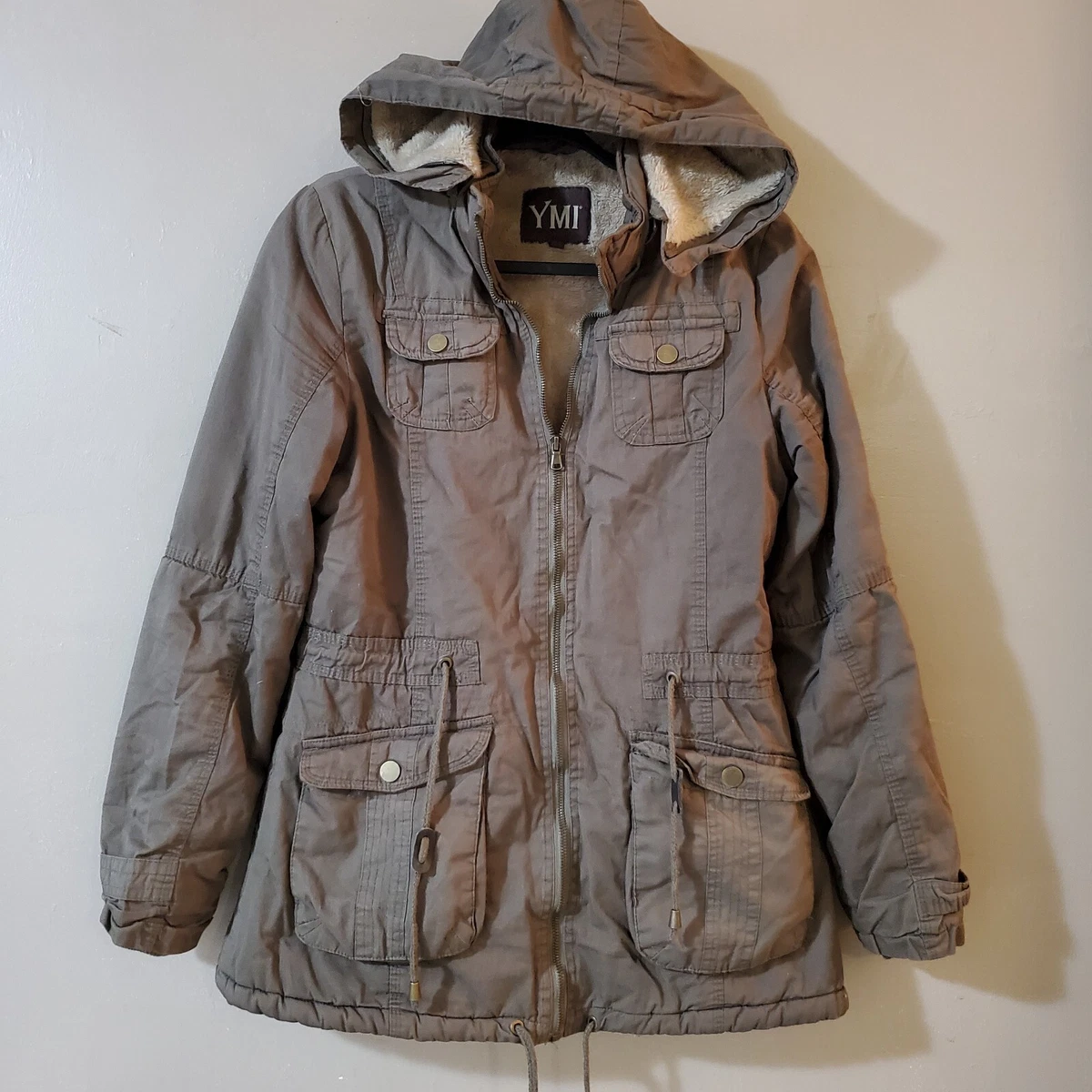 YMI Womens Coat Size S Olive Army Green Fleece Lined Hooded Zip