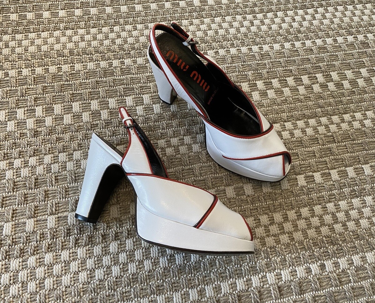 vintage Prada MIU MIU White Leather Platform Slingback High vintage Prada MIU MIU White Leather Platform Slingback High