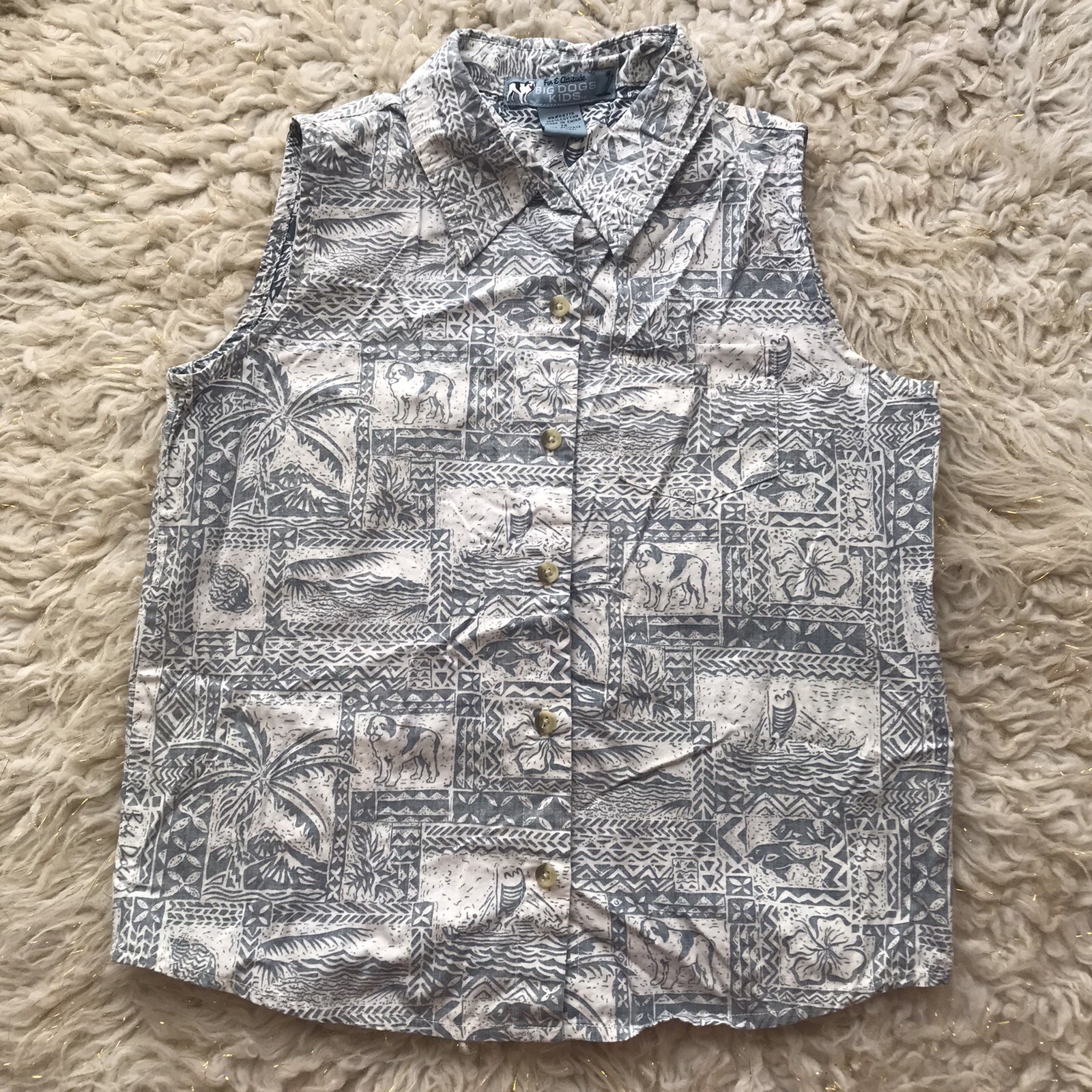 Big Dogs Kids Shirt Girls Sz 14 Button Up Sleeveless Hawaiian Blue