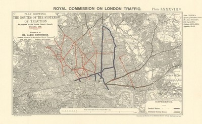 Royal Commission on London Traffic. 1902 LCC tramway traction proposals 1906 map
