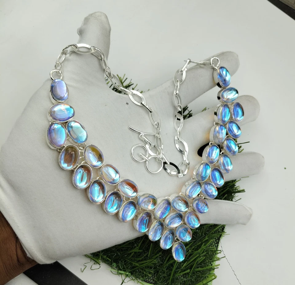 Collar de ópalo místico hecho a mano - Piedras preciosas arco iris chapadas en plata joyería regalo Foto 2 de 4