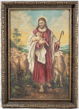 Beautiful Antique Naive Painting of Jesus The Good Shepherd with Lamb, Signed