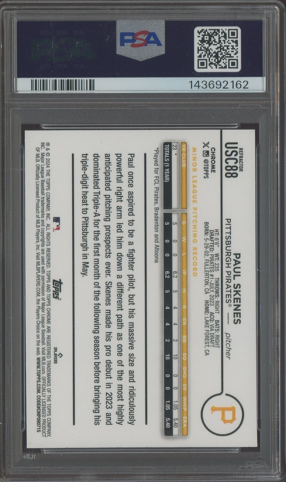 2024 Topps Chrome Update Refractor #USC88 Paul Skenes Pirates RC Rookie PSA 10 view 2