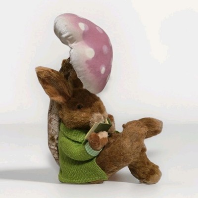 Sisal Brown Fur Anthropomorphic Bunny  Reading Book Under Mushroom 14×11 