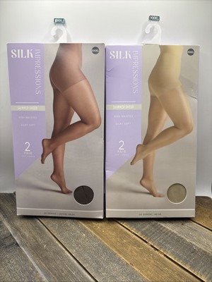 Silk Impressions (2 Packs of 2) Shimmer Sheer Pantyhose Beige & Coffee Bean NEW