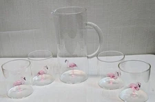 Flamingo Pitcher & 4 Drinking Glasses Decanter Set w/Pink Blown Glass Flamingos