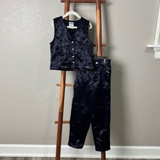 OshKosh B  gosh Vintage Floral Vest Pants Set Navy Blue Girls Holiday Size 6 Rare
