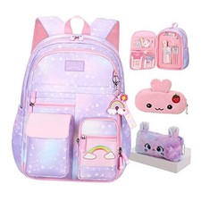 Rainbow Backpack For Girls Kids,Cute Student School Backpack With Medium Purple