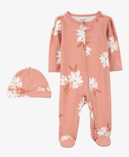 Carter  s 2-Piece Set Floral Sleep  Play Footed Pajama  Cap 2-way-zip NB NWT