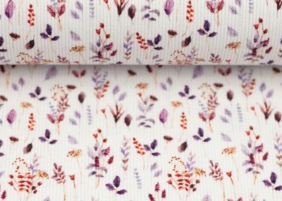 Iva Rippjersey ecru lila Swafing Blumenstoff Ribjersey Meterware 50 cm