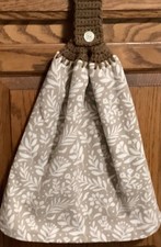 Double tan hanging kitchen towel Fall leaves crocheted tan top