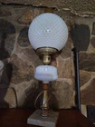 Vintage White Hobnail Milk Glass Lamp with Marble Base and Globe Shade