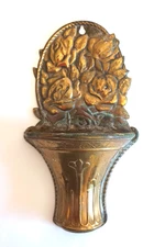 Antique English Brass Repousse Work Spill Vase Wall Pocket Raised Floral No 1052