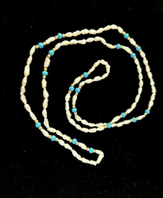14K Gelbgold Süßwasser Reis Perle Türkis Perlen Seil Halskette 32'' lang