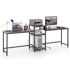 97 Inch Two Person Desk Double Computer Desk with Power Outlets Printer Stand