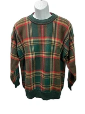 Vintage Gant Sweater Mens Large Green Red And Cream Plaid Crew Neck Pullover
