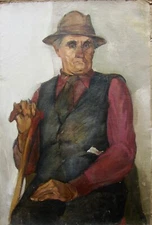 Ukrainian Soviet Oil Painting realism impressionism male portrait  man hat cane