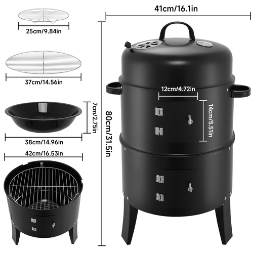 Räuchergrill Räuchertonne Räucherofen BBQ Grill 3 in 1 Holzkohlegrill Grilltonne - Bild 11 von 12
