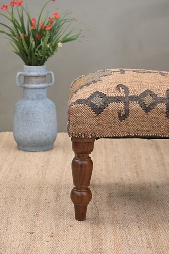 Handcrafted Acacia Wood Stool with Decorative Kilim Upholstery | Elegant Footsto - Picture 5 of 5