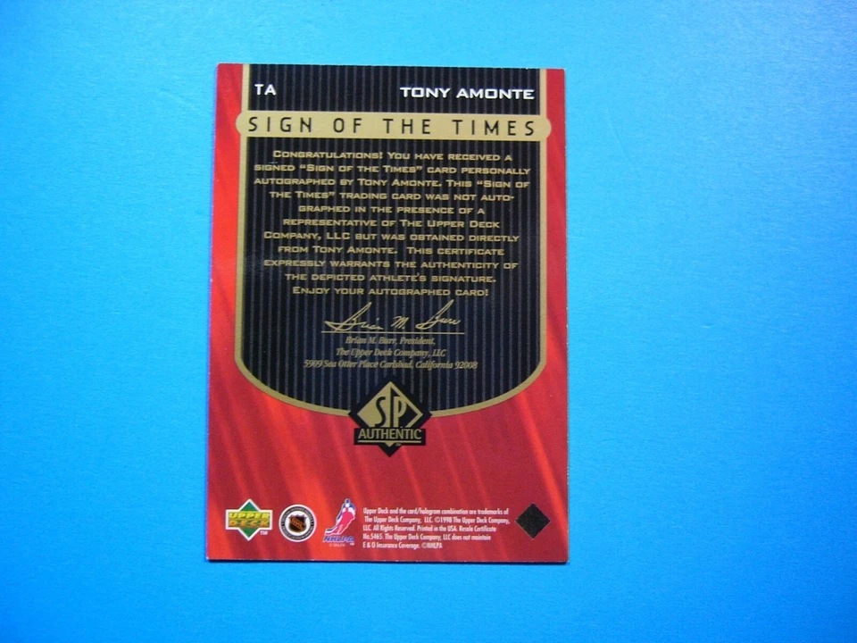 1997/98 UPPER DECK SP SIGN OF THE TIMES CARD #TA TONY AMONTE NM AUTO AUTOGRAPH Foto 2 de 2