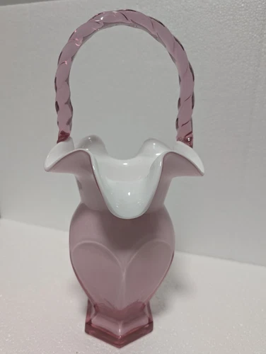 Vintage Cased Dusty Rose Pink & Milk Fenton Art Glass Basket