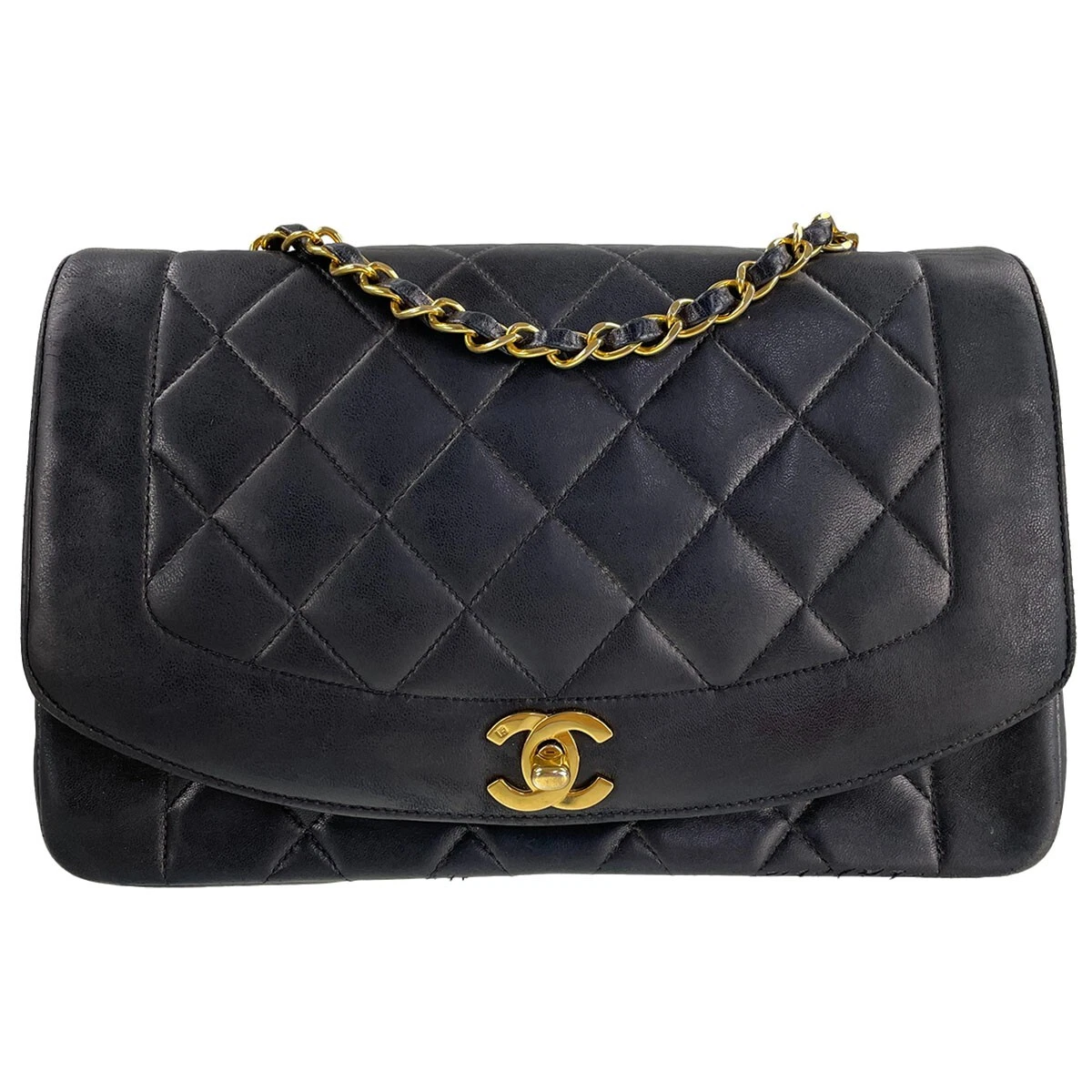 CHANEL Matelasse Diana Lambskin Leather Black Chain Shoulder bag 762