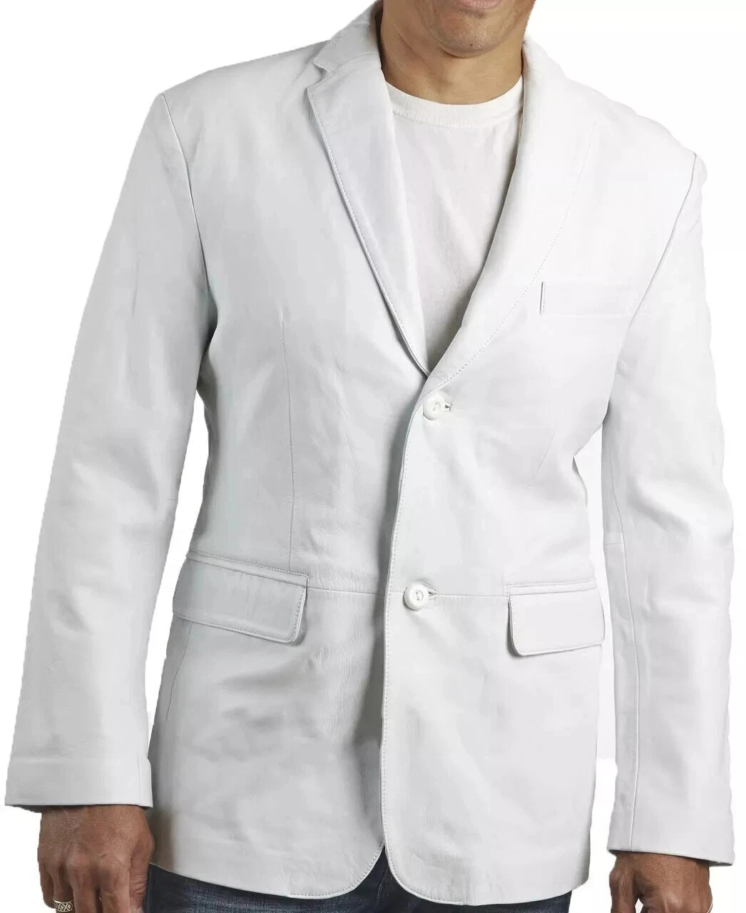 Men's Stylish Genuine Lambskin Leather Two-Button White Blazer Jacket All Size2