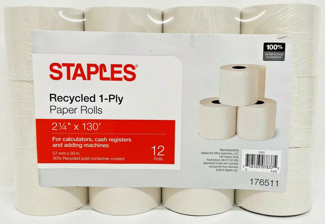 STAPLES Recycled 1 Ply Paper Rolls 2 1 4 x130 12 Rolls For Register Staples recycled 1 ply paper rolls 2 1 4 x130 12 rolls for register