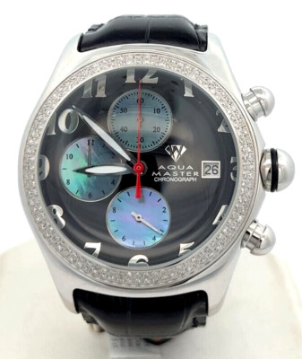 Aqua Master Men's Bubble Black Dial 1.5ct Diamond Bezel Leather Band Watch W22_1