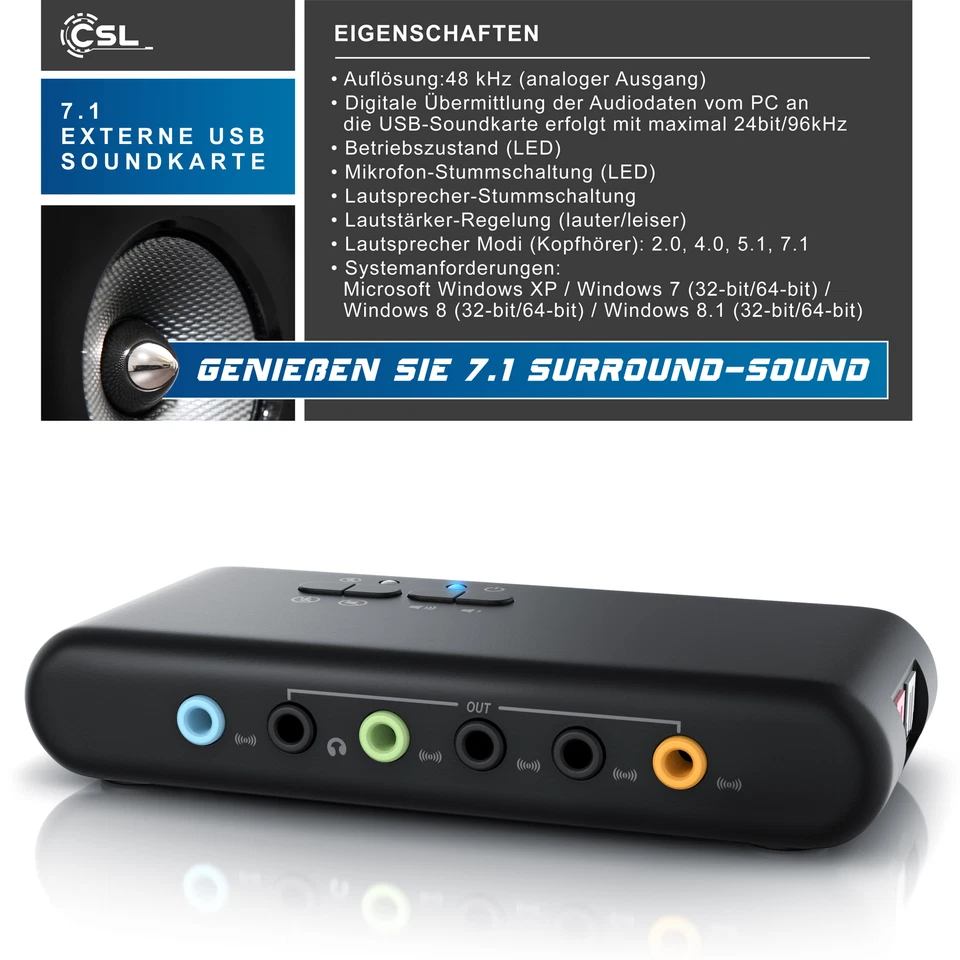 CSL USB 7.1 Soundkarte extern (8-Kanal) | 7.1 Channel USB Soundbox | Dynamic 3D - Bild 4 von 4