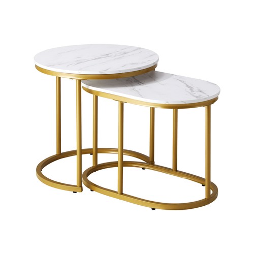 Oikiture Set of 2 Coffee Table Round Oval Marble-like Nesting Side Tables Gold - Picture 4 of 7
