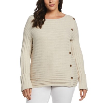 Ella Rafaella Women's Plus Size Ribbed Crewneck Button Sweater, Beige Sz-1X
