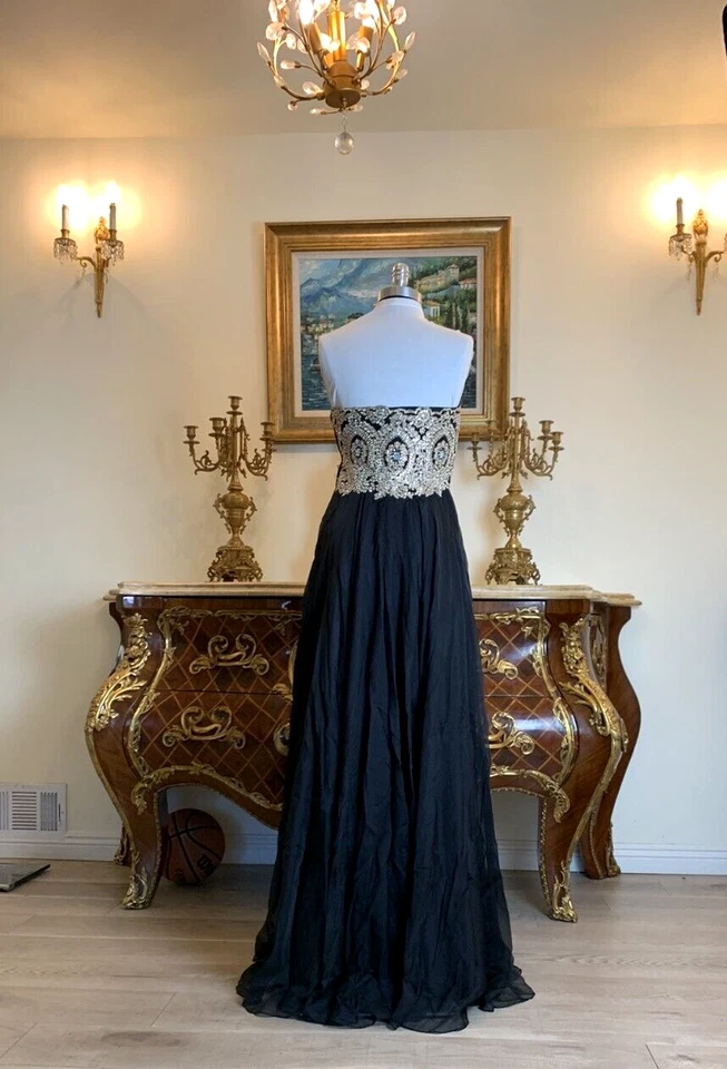 Vestido longo de noite Meier Collection formal bordado dourado com miçangas vestido de formatura - Imagem 3 de 4