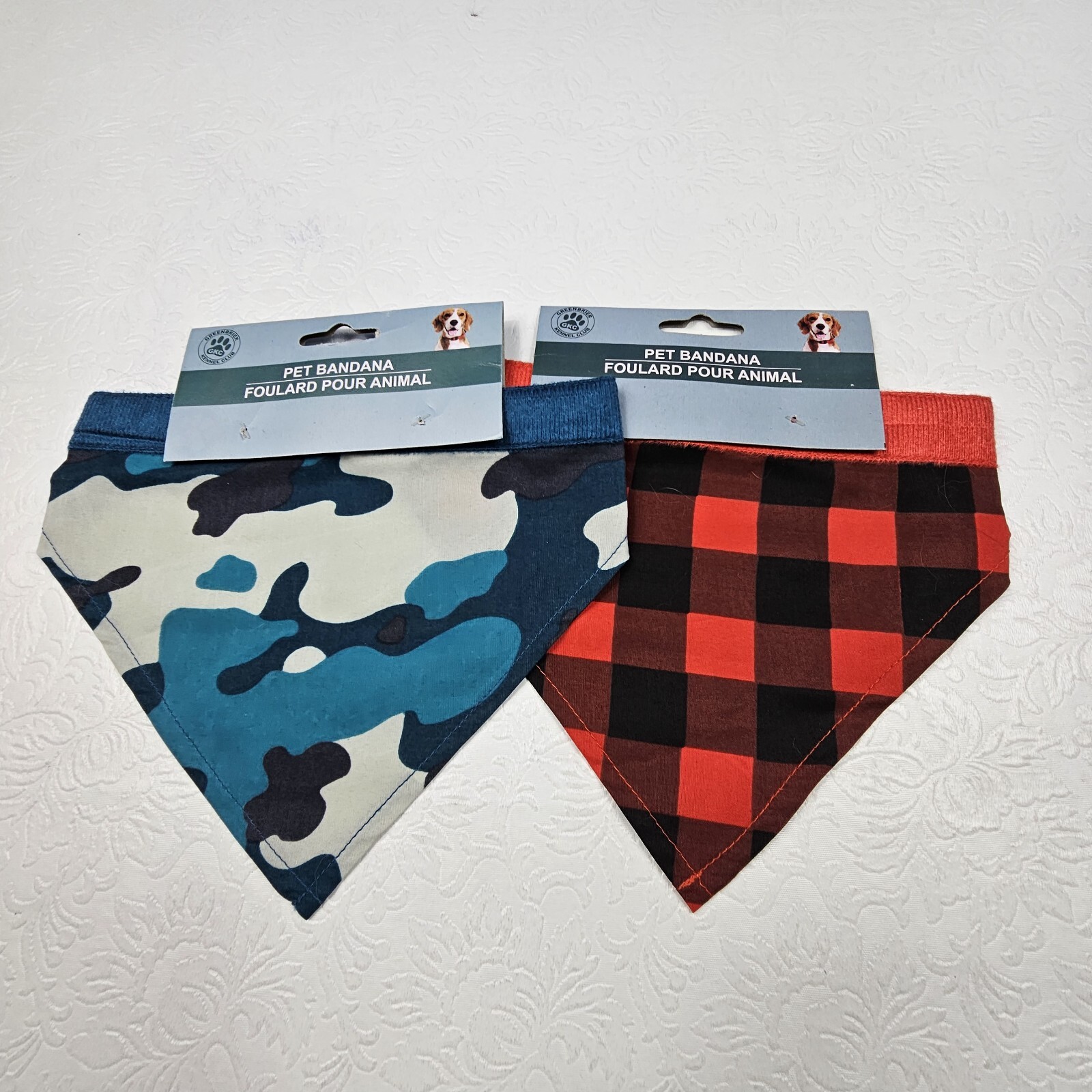 Lot Of 2 Greenbrier Kennel Club Dog Bandana Checked And Blue Camo Hook Loop Sm