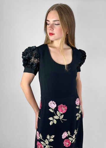 70's Vintage Black Crepe Floral Pink Embroidery Short Sleeve Maxi Dress Party - Picture 2 of 5