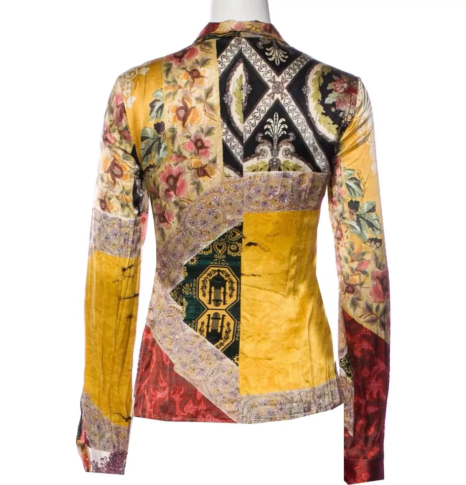 NWOT ROBERTO CAVALLI ITALY SILK Button Up Blouse 40 Multicolor Pattern Ruffle 4 - Image 2 of 4