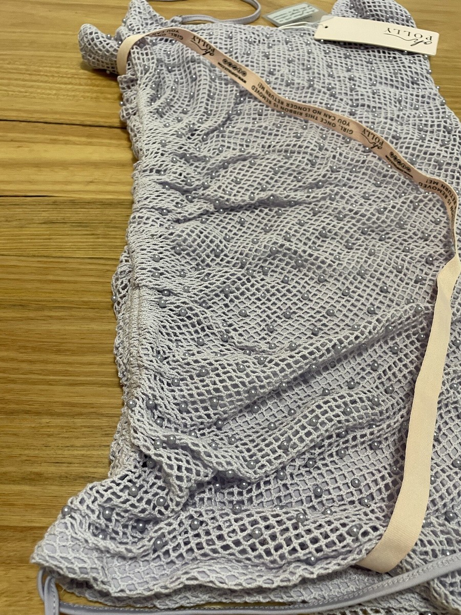 beaded crochet mini dress in lilac Starlet mini dress with cross detail and beaded embellishment in lilac