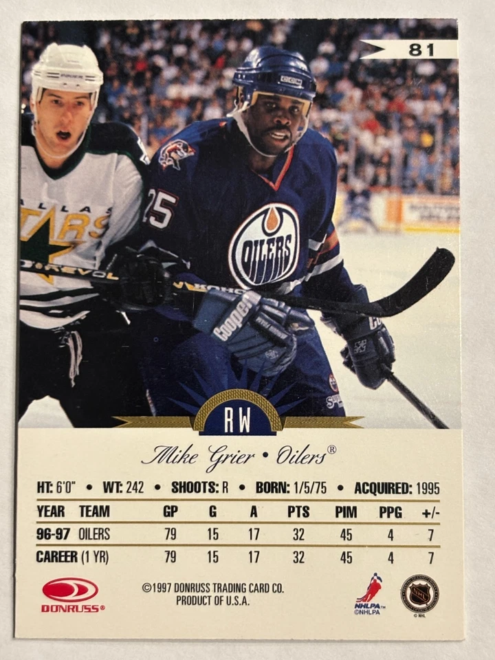 1997-98 Leaf #81 Mike Grier Edmonton Oilers International United States - Image 2 of 2