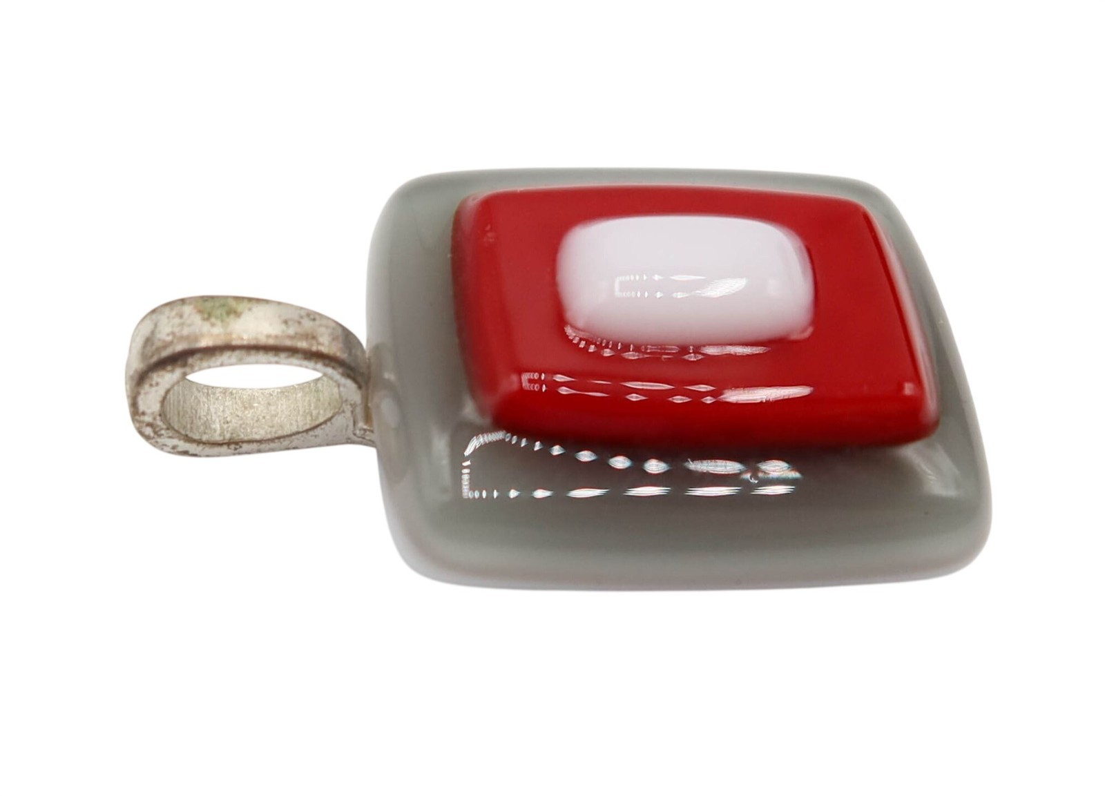 Rectangular Gray Red White Art Glass Pendant Geom… - image 3