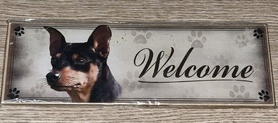 Miniature Pincher Welcome Hanging Wall Sign 12'' x 4'' Jute Sting Hanger