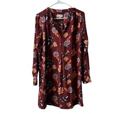 Loft Burgundy Floral Long Sleeve Shirt Dress Size XS 