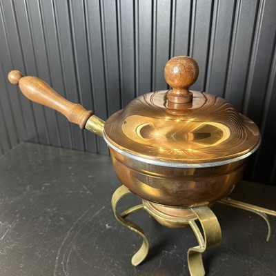 Vtg Copperware Fondue/Chafing Pan w/ solid brass stand & fuel container 