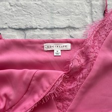 Socialite Women's Pink Solid Lace Trim Camisole Adjustable Straps Size M