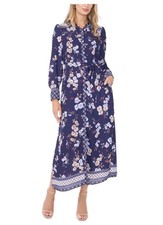 Vince Camuto XL Navy Floral Maxi Shirt Dress Long Sleeve Tie Waist Border Print
