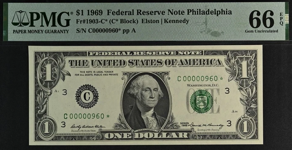 Billete estrella de $1 1969 serie baja 00000960* - pmg 66 epq gema sin circular Fr#1903-C* Foto 2 de 3