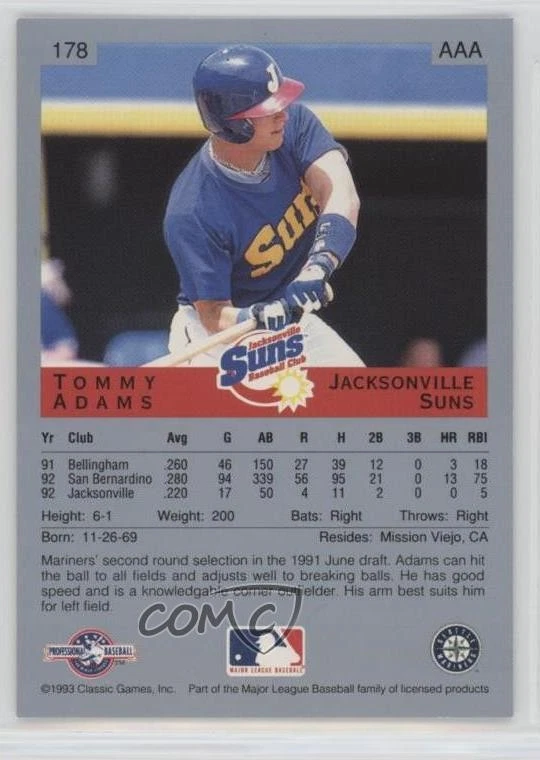 1993 Classic Best Minor League Tommy Adams #178 Rookie RC - Image 2 of 2