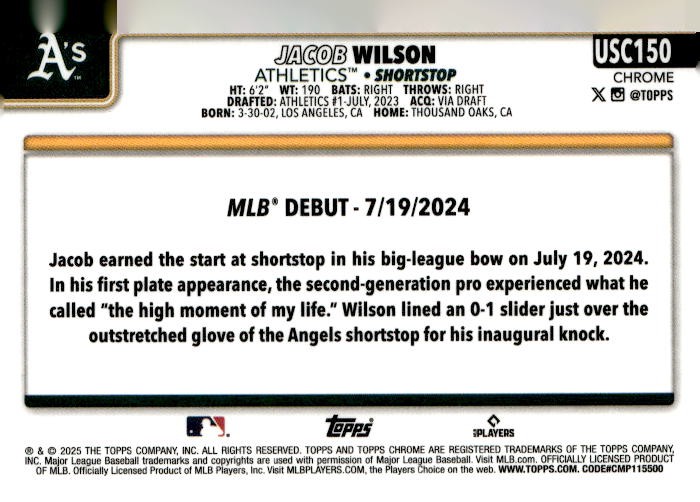 2025 Topps Chrome Update #USC150 Jacob Wilson RayWave Refractor