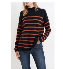 Madewell S Navy Blue Orange Coziest Yarn Striped Whitworth Mockneck Sweater Wool